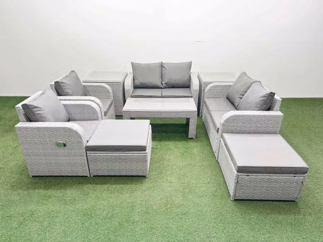 Fimous 8 Seater Rattan Garden Furniture Set in Light Grey with Reclining Sofas, Coffee Table, Ottomans and Side Tables