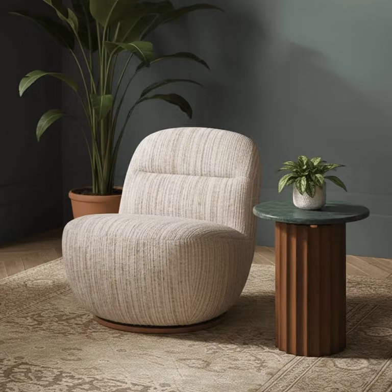 Atkin & Thyme Susie Swivel Chair in Beige Multicolour Striped Textured Weave Fabric