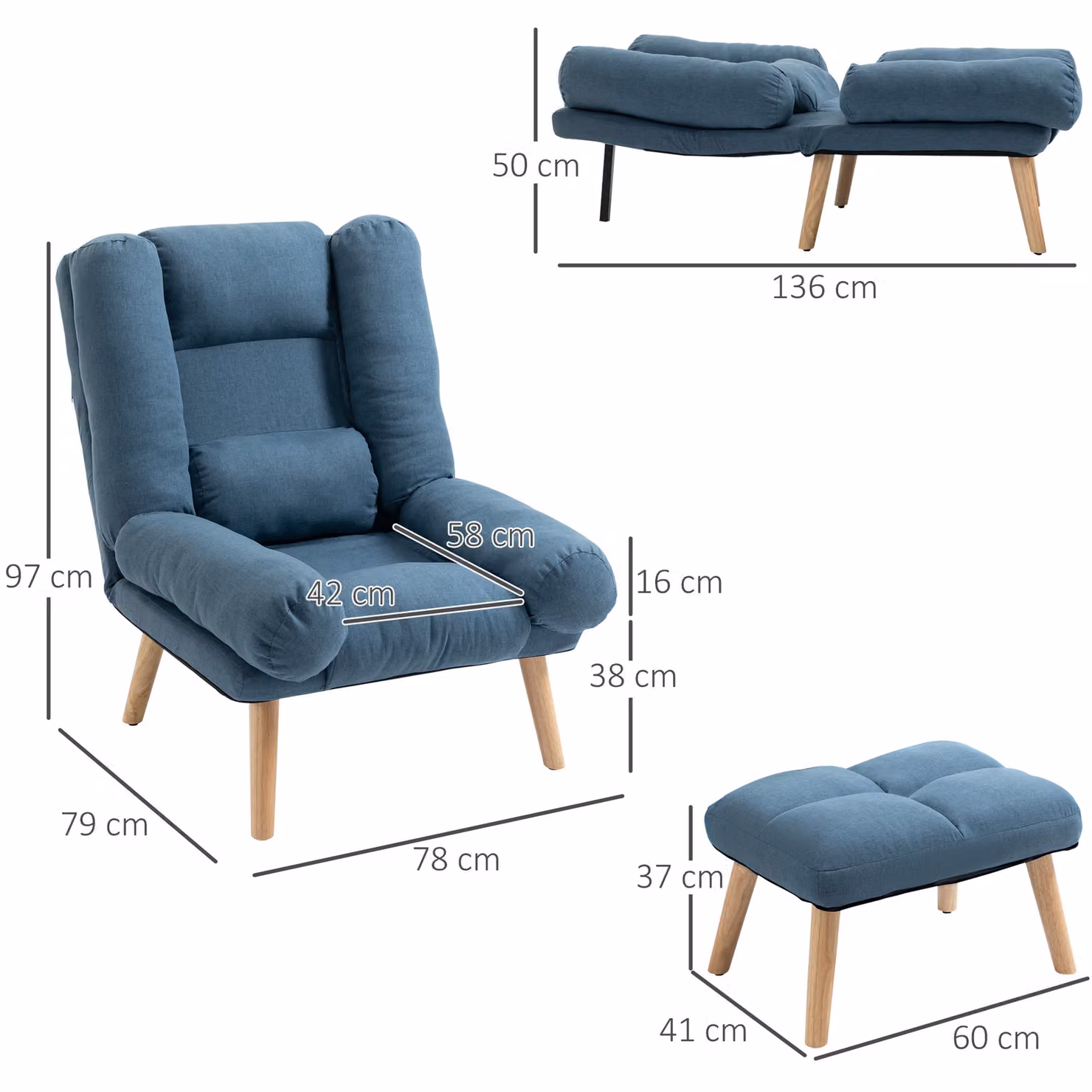 HOMCOM Blue Linen Fabric Occasional Recliner with Matching Ottoman and 3-Position Adjustable Backrest – 3
