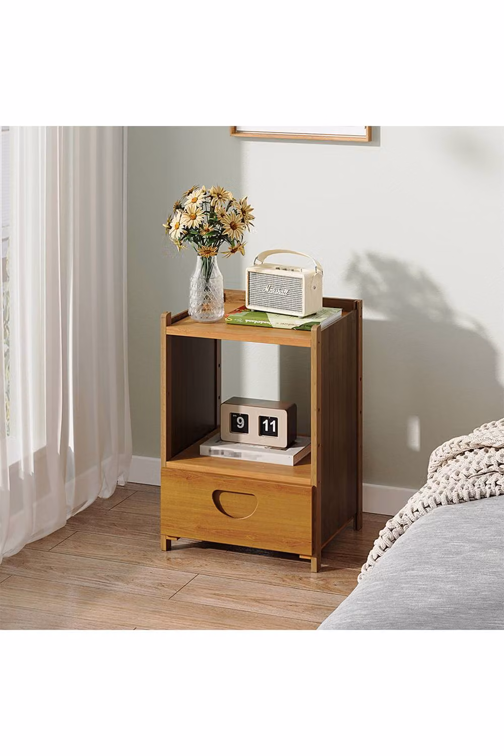 Living and Home Modern Minimalist Bedside Table with Drawer in Brown – 2