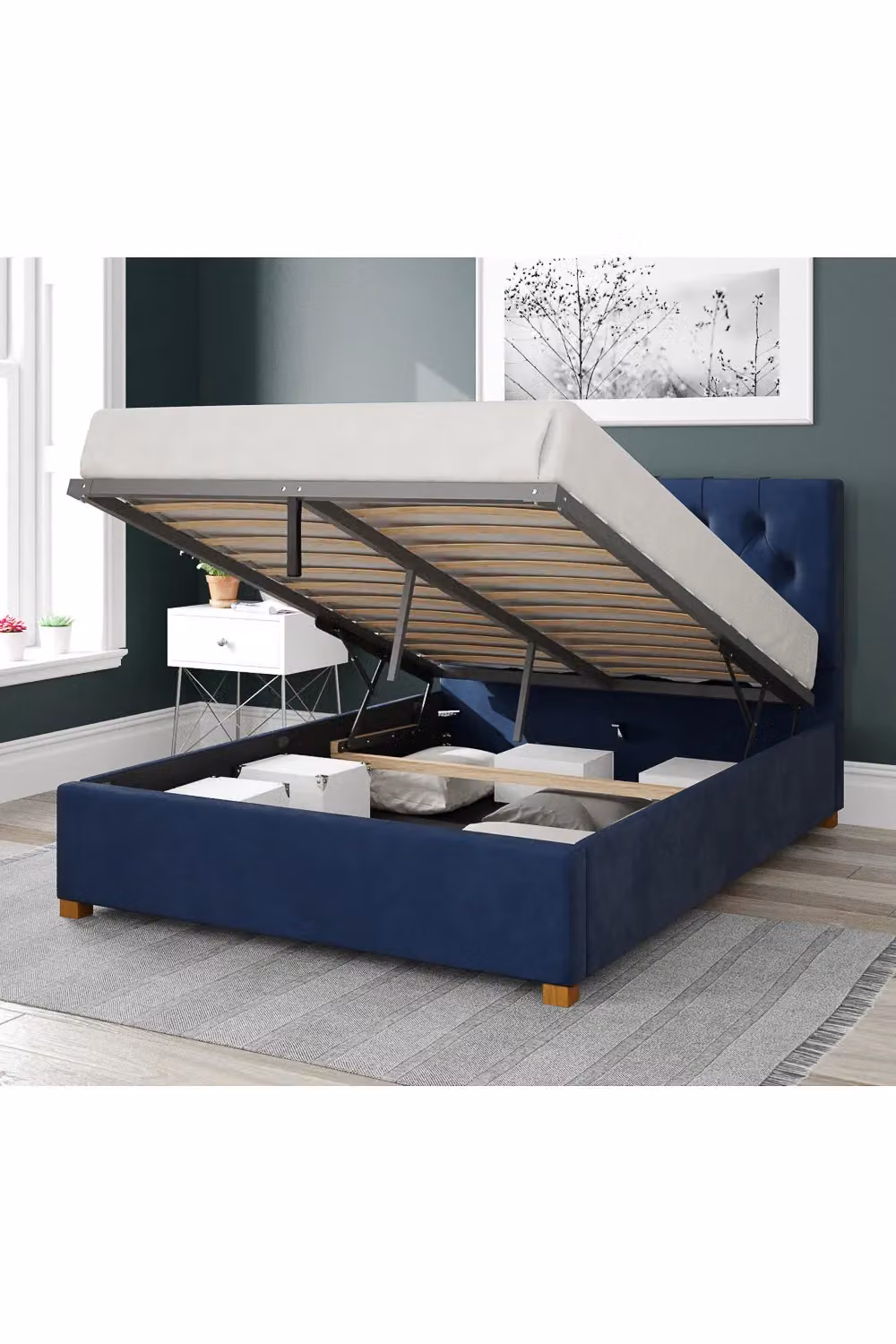 Aspire Olivier Upholstered Ottoman Storage Bed in Blue Velvet Fabric, W/D/H: 140 x 200 cm – 2