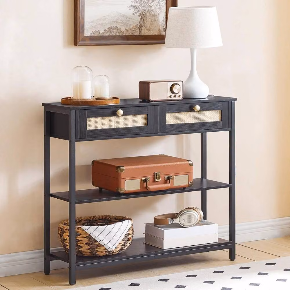 FORGEVIO Modern 3-Tier Black Rattan-Style Console Table – 5