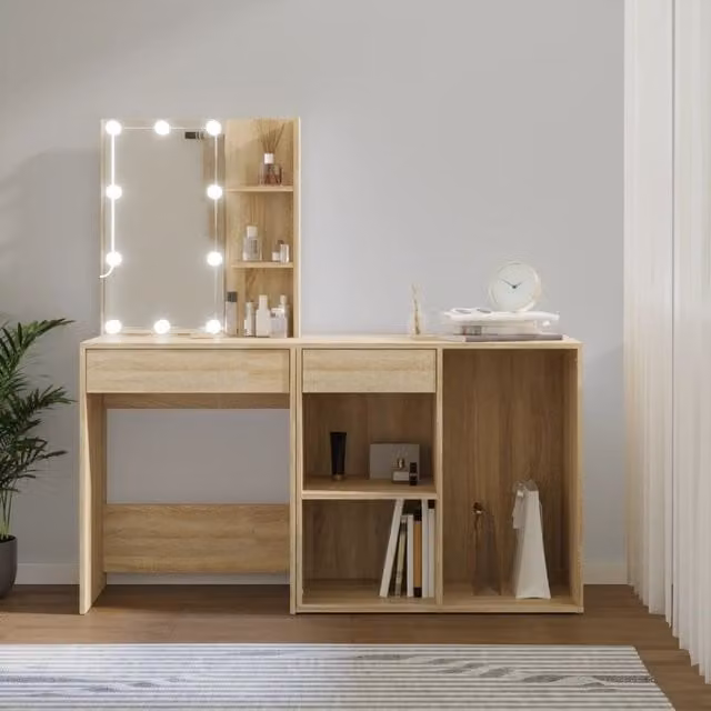 Berkfield Home LED Dressing Table with Cabinet in Sonoma Oak Brown