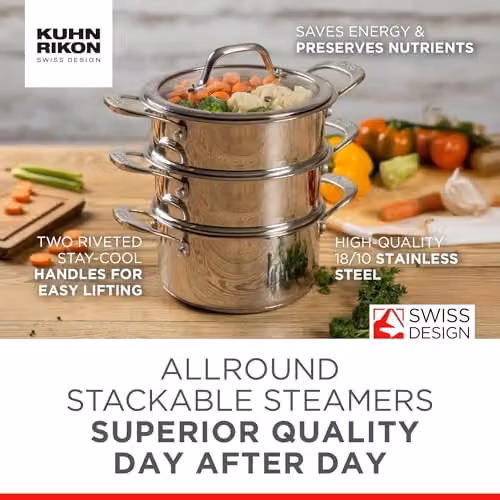 Kuhn Rikon 3-Tier Stainless Steel Steamer Set with Glass Lid, Silver, 2.3 l, Diameter: 18 cm – 2
