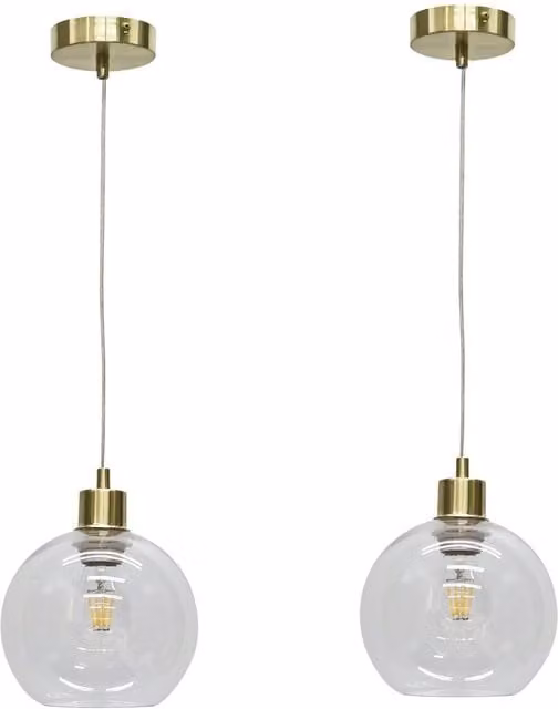 First Choice Lighting Barnum Set of 2 Pendant Lights with Transparent Glass Globes and Gold/Brass Fittings – 1