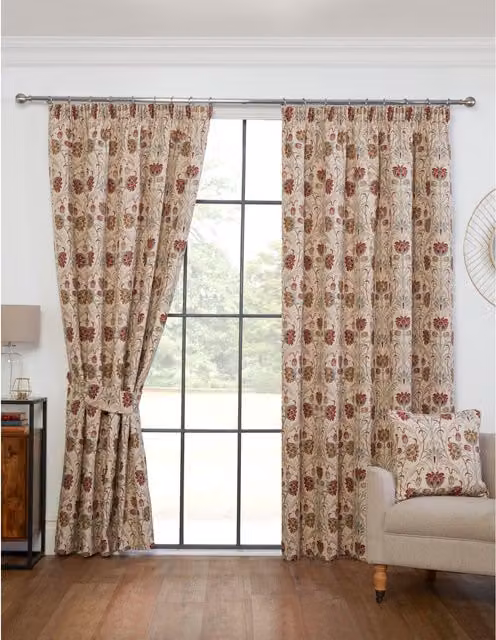 Sundour Art Deco Floral Pencil Pleat Curtains in Polyester, Opaque, Thermal Insulating and Sound Dampening