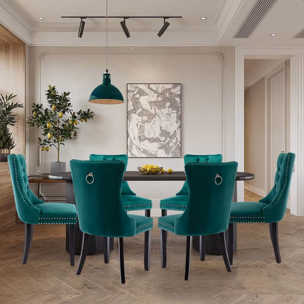 HomeTouch Romsey Set of 6 Velvet Upholstered Dining Chairs with Oak Legs and Knocker Ring Back in Dark Green – 8