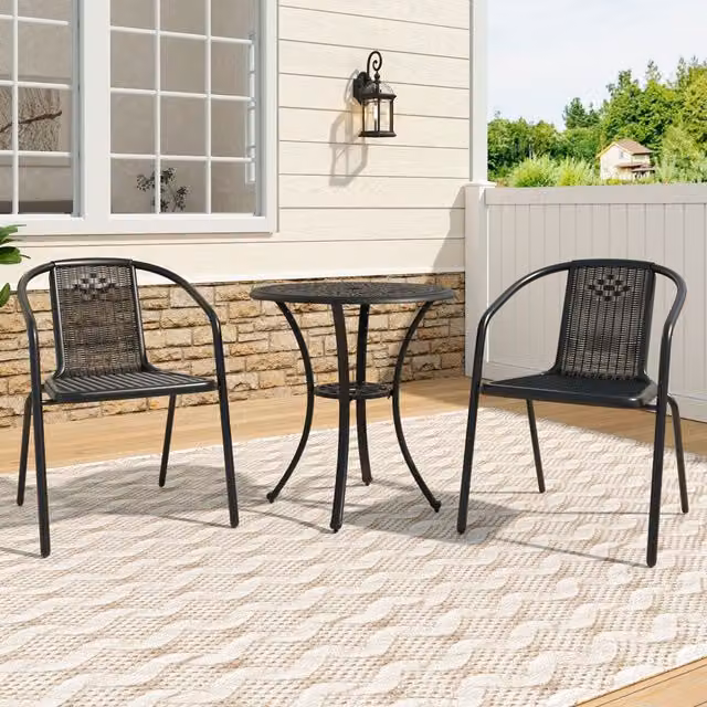 Livingandhome Modern Round Powder Coated Aluminium Patio Dining Set in Matt Black