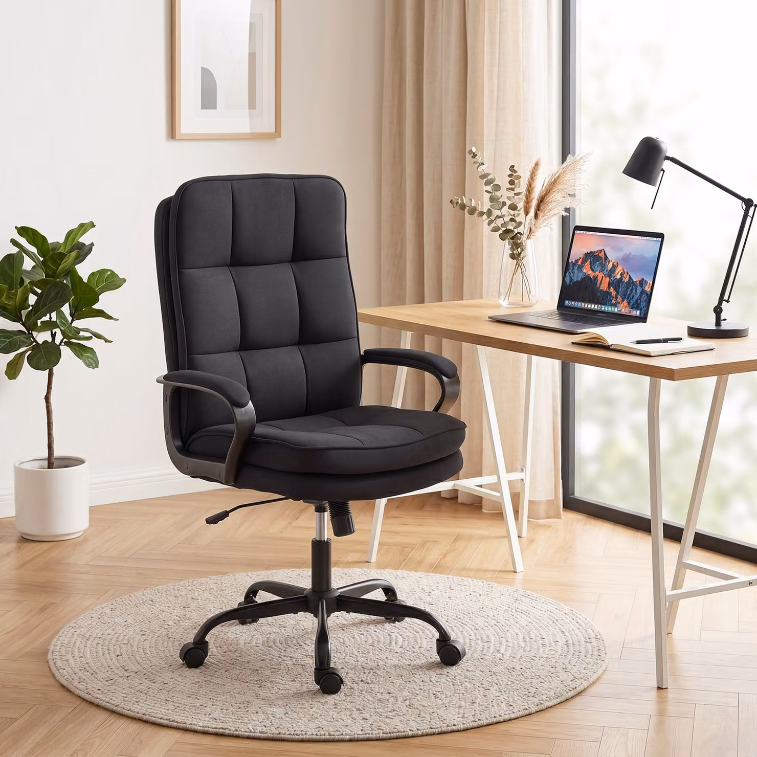 HOMCOM Black Linen-Look Double Padded Task Office Chair with Armrests and Castors – 8