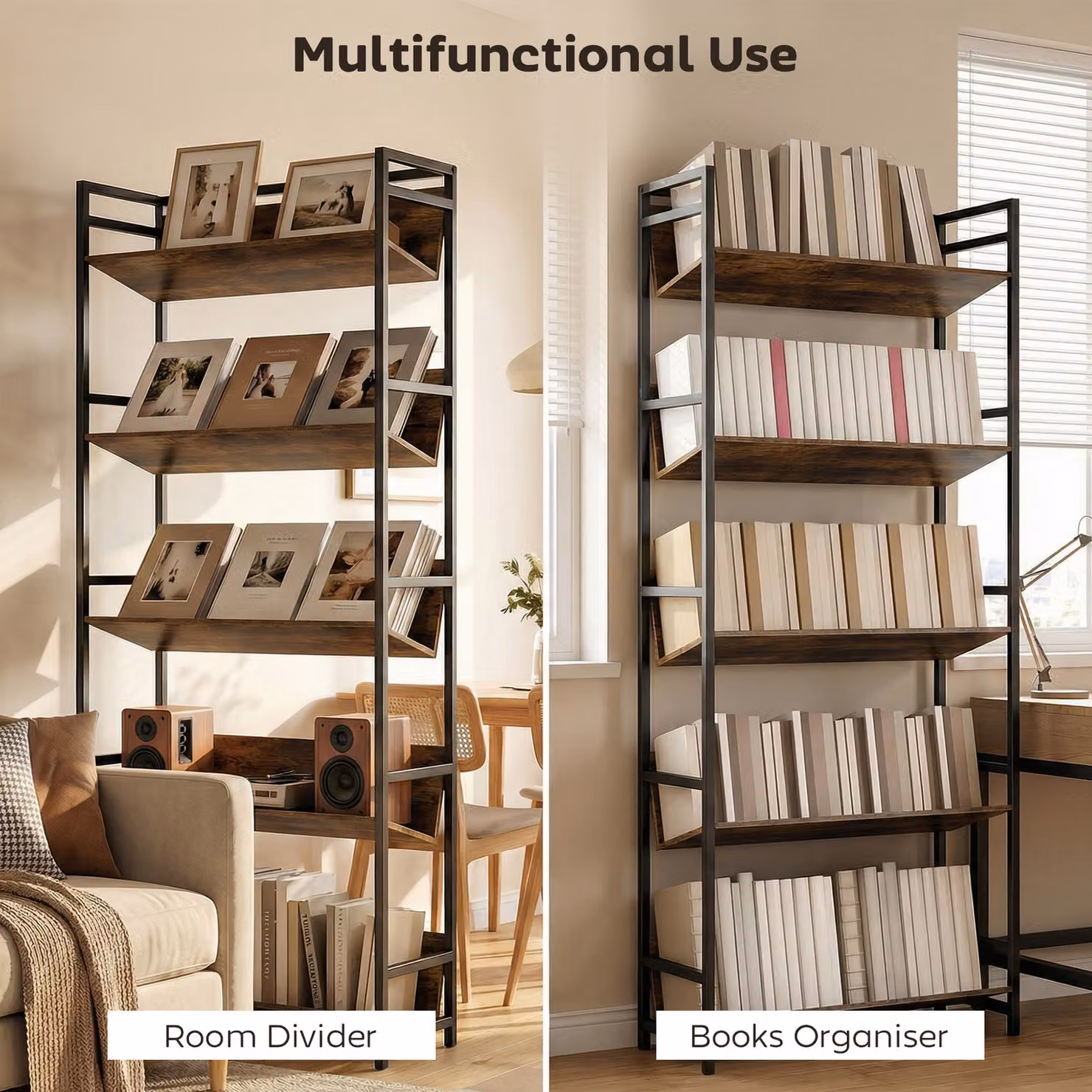 HOMCOM 5-Tier Metal Frame Bookshelf and Room Divider in Rustic Brown – 3