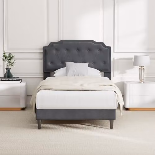 MCC Direct Chelsey Single Velvet Upholstered Bed Frame with Tufted Headboard in Grey – 1