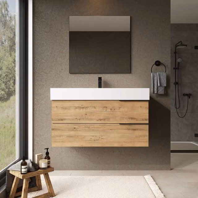 Banyetti Celtic Wall Hung Bathroom Vanity Unit with Veneto 1 Tap Hole Basin, Ostippo Oak in Light Oak, W: 100 cm, D: 45 cm, H: 48 cm