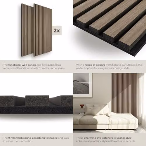 tectake Set of 2 Sound-Absorbing Acoustic Wall Panels with Wood Look MDF and Felt in Brown, W/D/H: 120 x 60 x 2.1 cm – 4