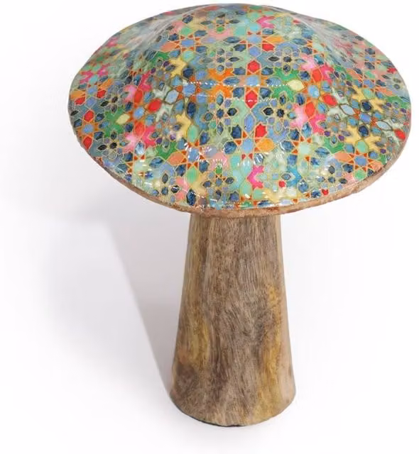 KDMD Small Wooden Mushroom with Mediterranean Geometric Tile Pattern in Multicolour – 1