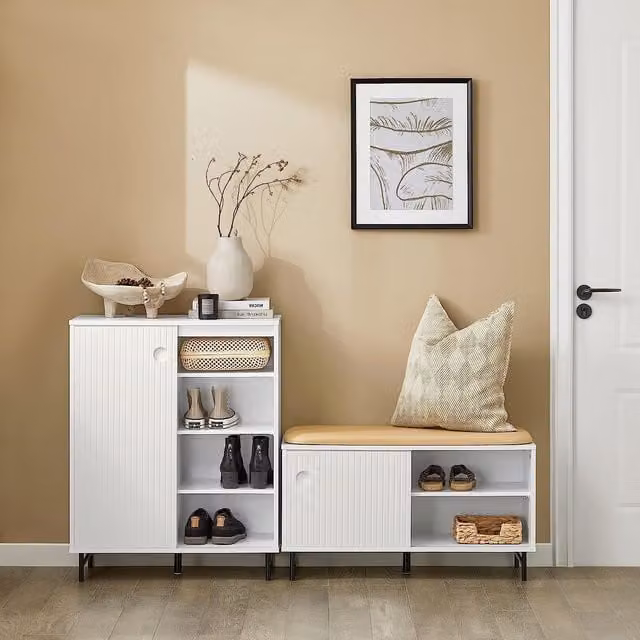 SoBuy White Shoe Storage Bench with Sliding Doors and Synthetic Leather Seat Cushion
