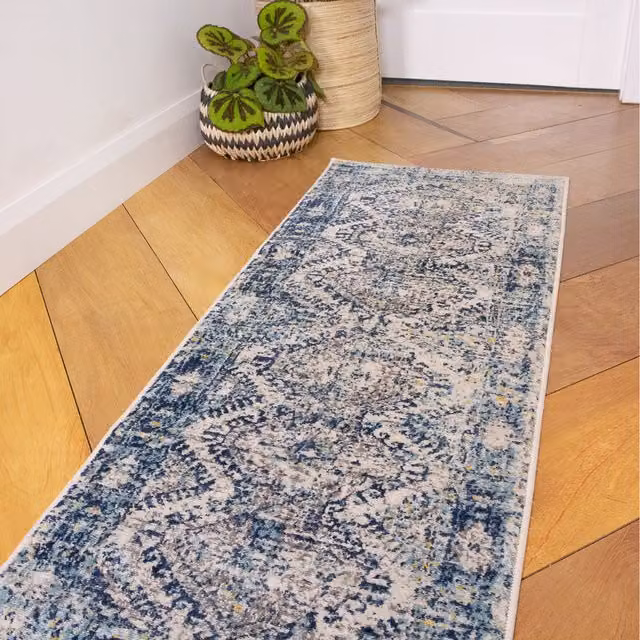 The Rug House Navy Blue Distressed Geometric Modern Rectangular Living Area Rug W: 240 cm, D: 60 cm