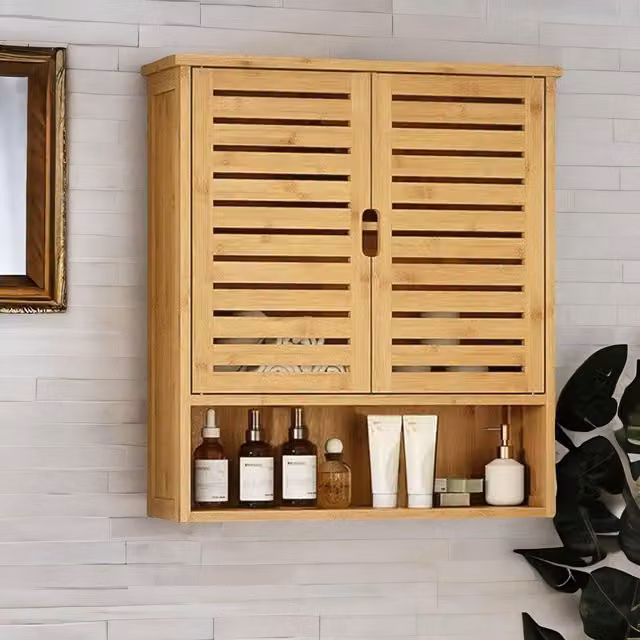 FURNOS Bamboo Wall Mounted Bathroom and Kitchen Storage Cabinet Organiser in Natural Brown – 1