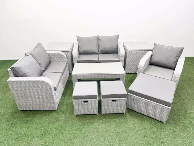 Fimous Grey Poly Rattan Garden Furniture Set with Reclining Chair, Loveseat Sofa, Oblong Coffee Table, 3 Stools and 2 Side Tables