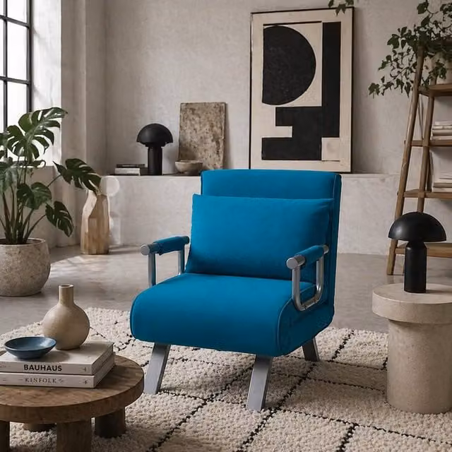 Wyld Haus Neyo 4 in 1 Convertible Chair Bed in Blue Microfibre with Metal Frame