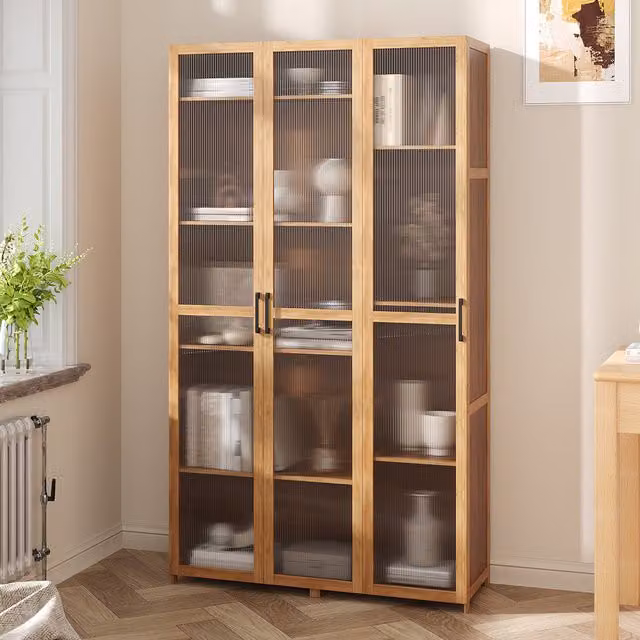 Livingandhome Modern Brown Wood Storage Cabinet with Transparent Glass Doors