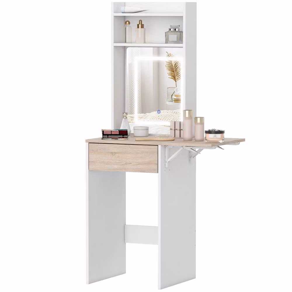 STILVORA Modern White Drop Leaf Dressing Table with Hollywood LED Mirror and Shelves – 2