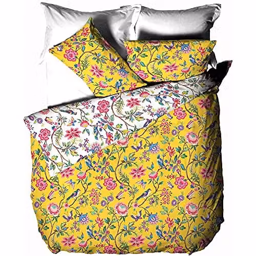 Riva Home Reversible Floral and Animal Polycotton Duvet Cover Set in Yellow and White, W/D/H: 140 x 200 cm and 50 x 75 cm – 1