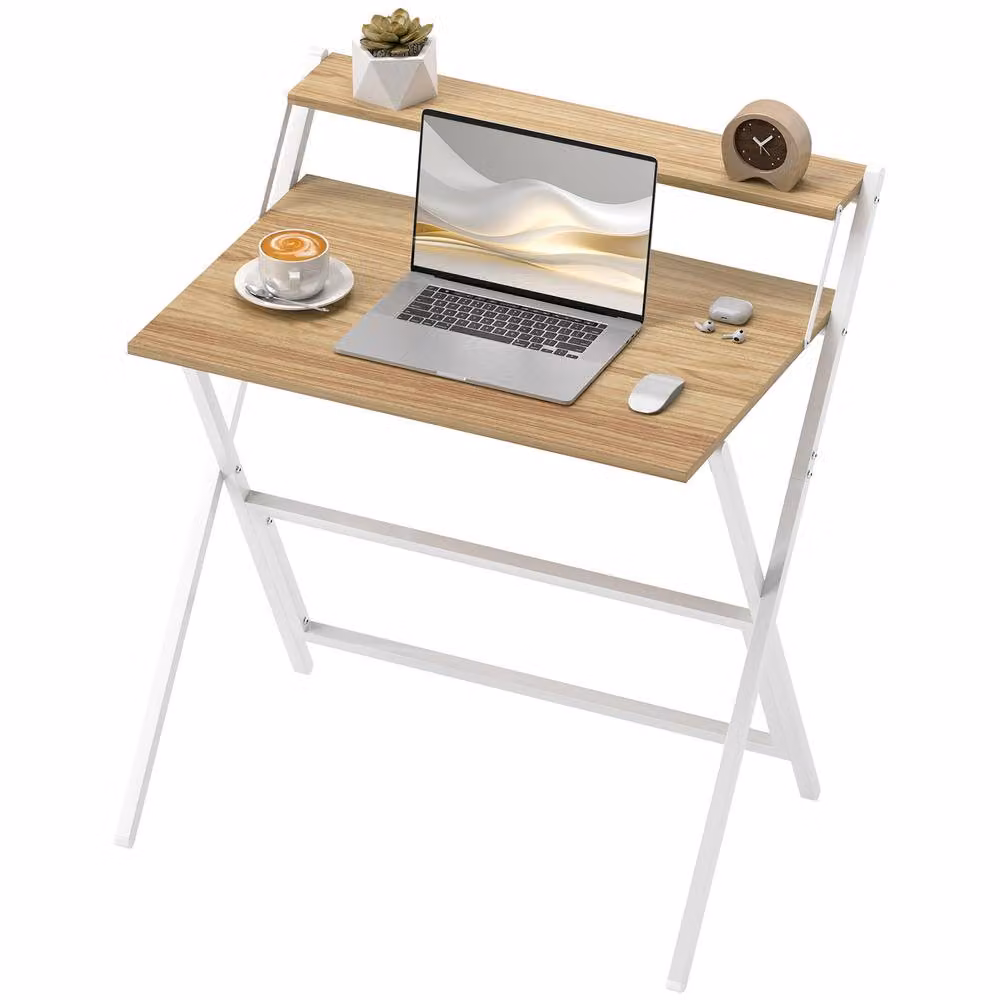 STILVORA Folding Computer Desk with Monitor Shelf in White and Natural Wood – 3