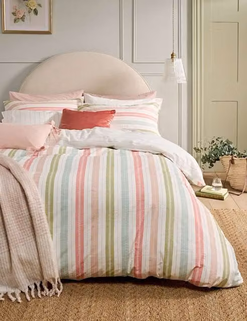 Laura Ashley Sophie Striped Seersucker Pure Cotton Bedding Set, Multicolour, W: 180 cm x L: 200 cm