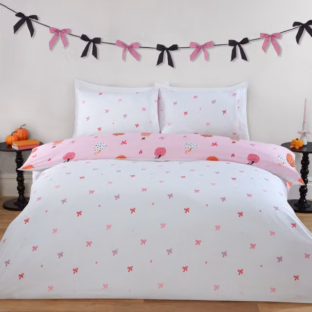 Bowtique Reversible Pumpkins Halloween Duvet Cover Set in Pink and White, W/D/H: 140 x 200 cm