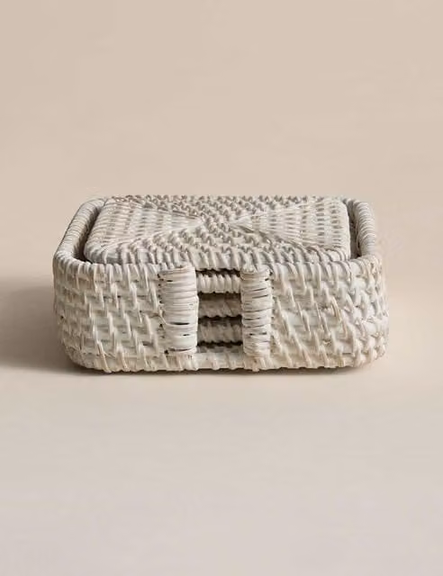 M&S Set of 4 Square White Rattan Coasters with Holder