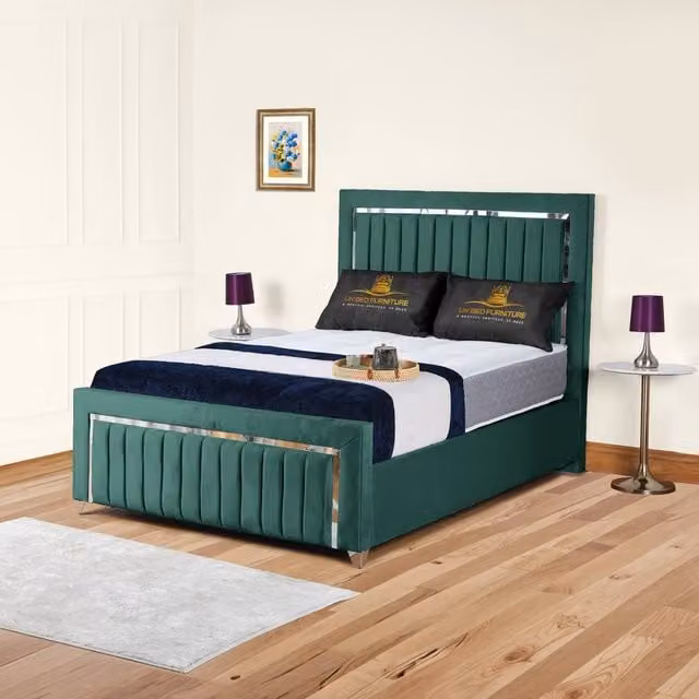 UK Bed Furniture Modern Upholstered Velvet Bed Frame in Green, W/D/H: 180 x 200 cm – 1