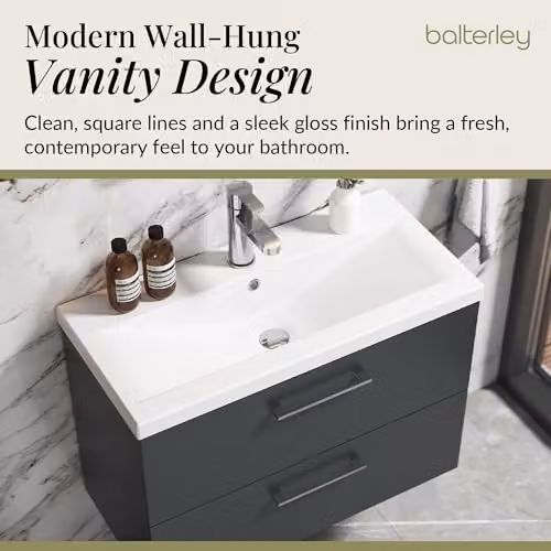 Balterley Wall Hung 2 Drawer Bathroom Vanity Unit with Basin in Dark Grey, W: 81.0 cm, D: 39.0 cm, H: 57.9 cm – 3