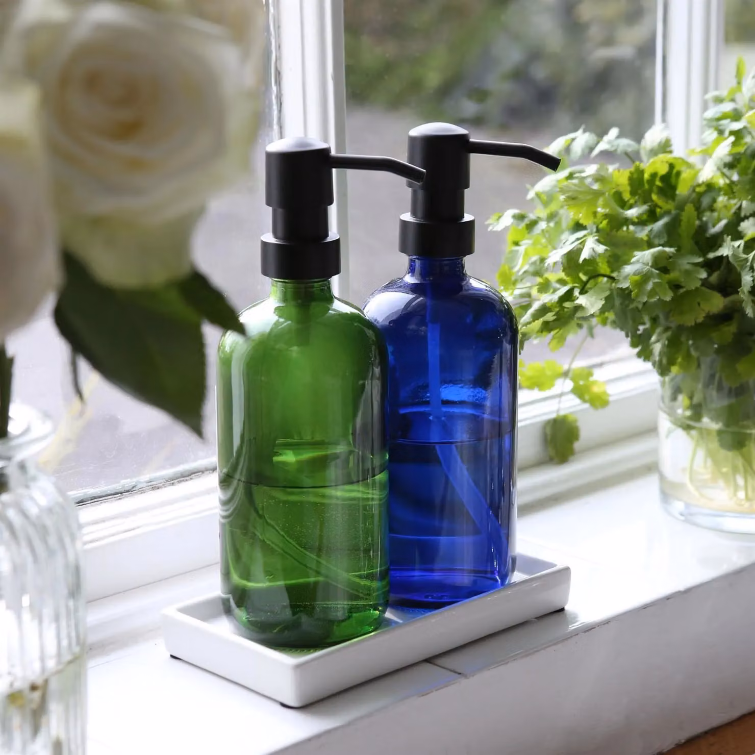Harbour Housewares Blue Glass Soap Dispenser 500ml - Refillable Hand Wash or Lotion Bottle with Black Pump – 5