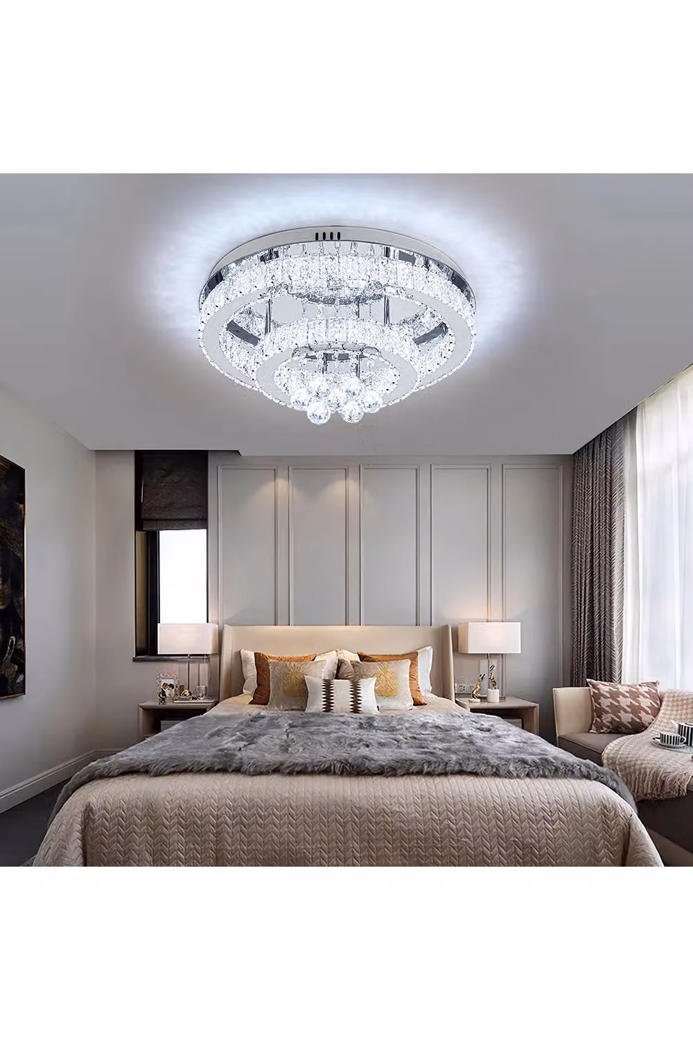 Living and Home Circular Crystal Flush Mount Ceiling Light with Chrome Frame in Silver – 2