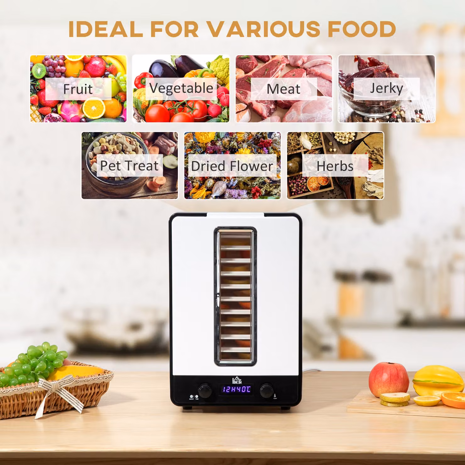 HOMCOM 11 Tier Food Dehydrator, 550W Food Dryer Machine with Adjustable Temperature, Timer and LCD Display in White – 4