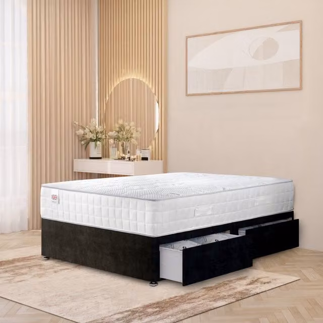 Horizona Black Velvet Upholstered Hybrid Divan Bed with Drawers W/D/H: 180 x 200 cm