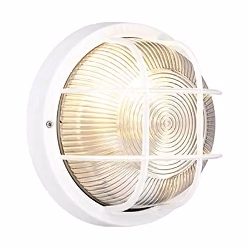 CGC Lighting Ronnie White Cage Round Bulkhead Wall and Ceiling Light with Glass and Plastic, IP44 Weatherproof for Garden and Indoor Use – 4