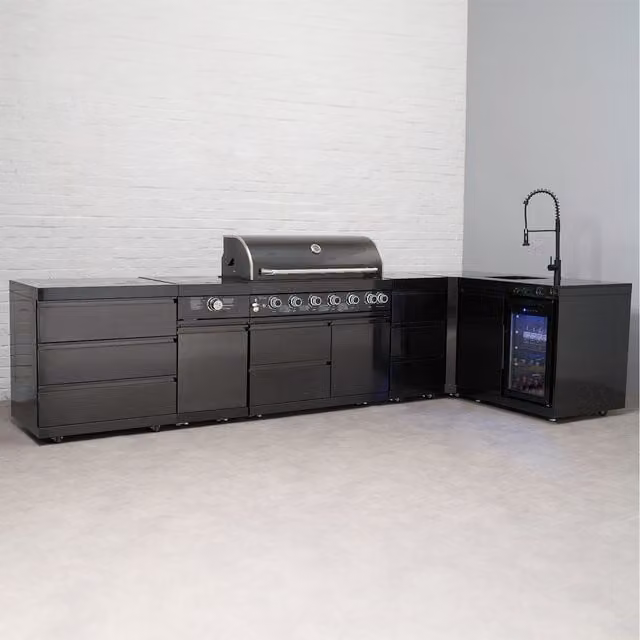 Draco Grills Black Stainless Steel Outdoor Gas Kitchen with Granite Worktop, Sear Station, Fridge and Sink