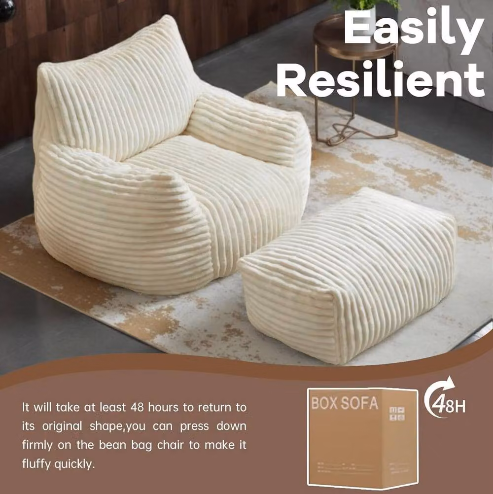 STILVORA Bean Bag Chair with Footrest in White Corduroy with Shredded Memory Foam Filling – 2