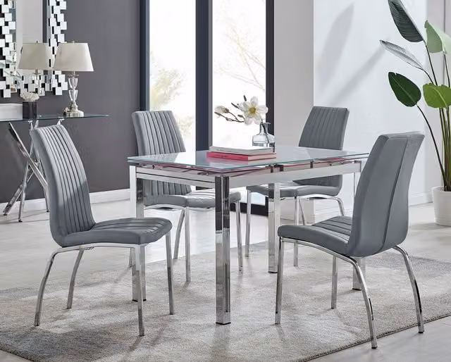 FurnitureboxUK Enna White Glass Extending Dining Table and 4 Isco Grey Chairs