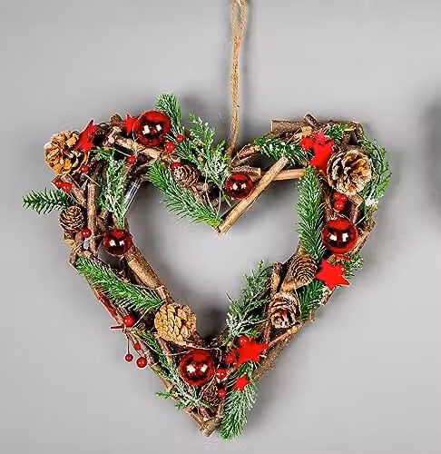 SHATCHI Prelit Heart Wreath Christmas Hanging Decoration with Red Baubles, Berries, Stars and LED Lights, Diameter: 35 cm