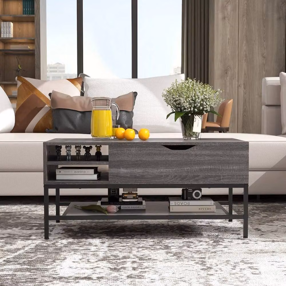 Kelvenix Industrial Grey Metal Coffee Table with Storage Shelf and Lift Mechanism – 3