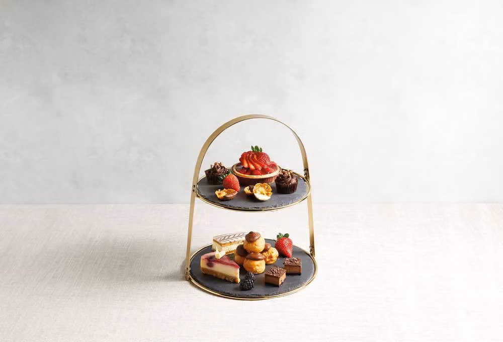Artesa 2-Tier Round Slate and Wood Serving Stand Set in Anthracite and Gold – 4