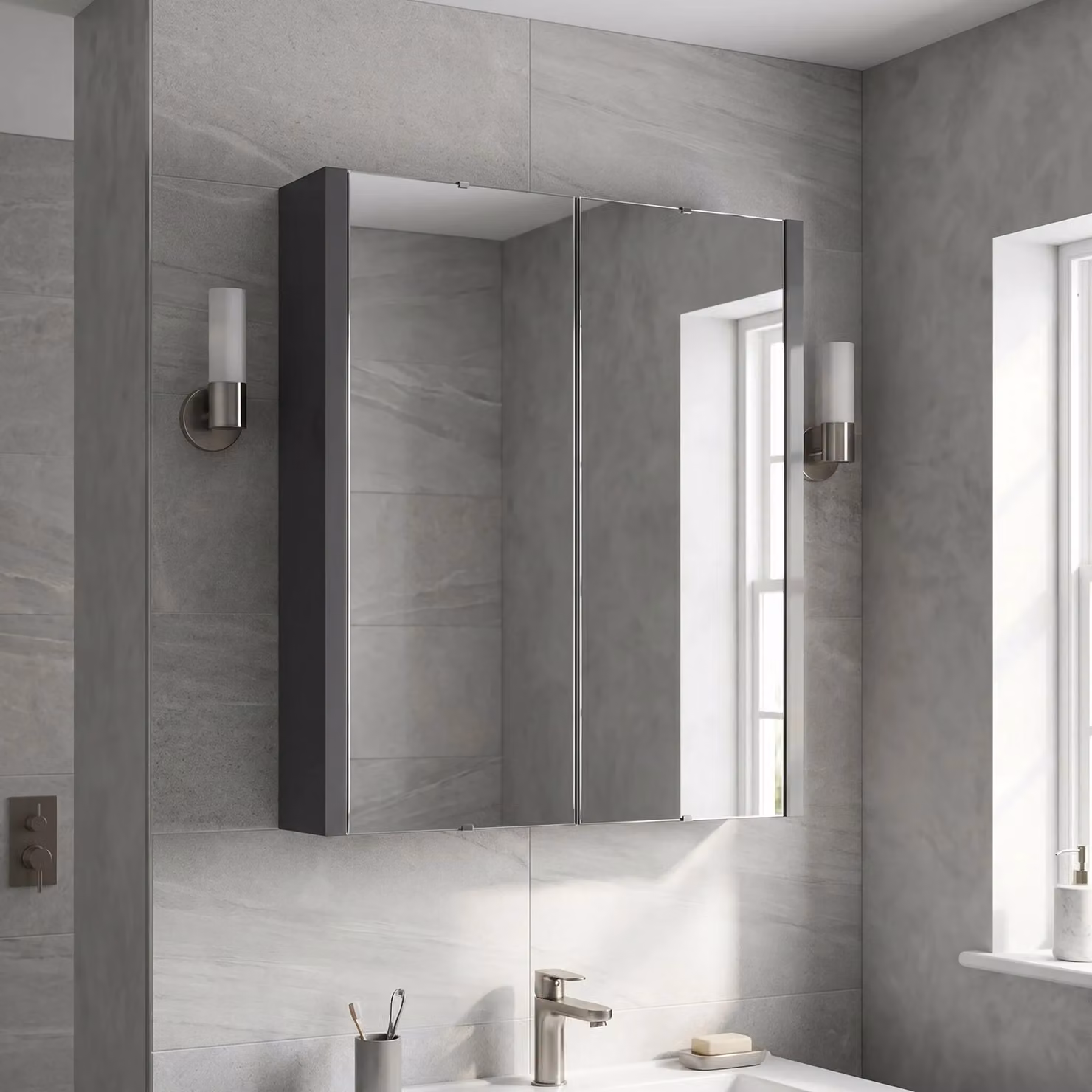 Balterley Bianca Wall Hung Mirror Cabinet with 2 Soft Close Doors, Gloss Grey, Width: 60 cm – 2