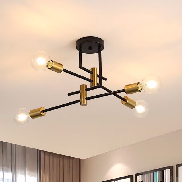 COMELY Industrial 4-Light Vintage Ceiling Light in Black and Gold/Brass with E27 Bulbs