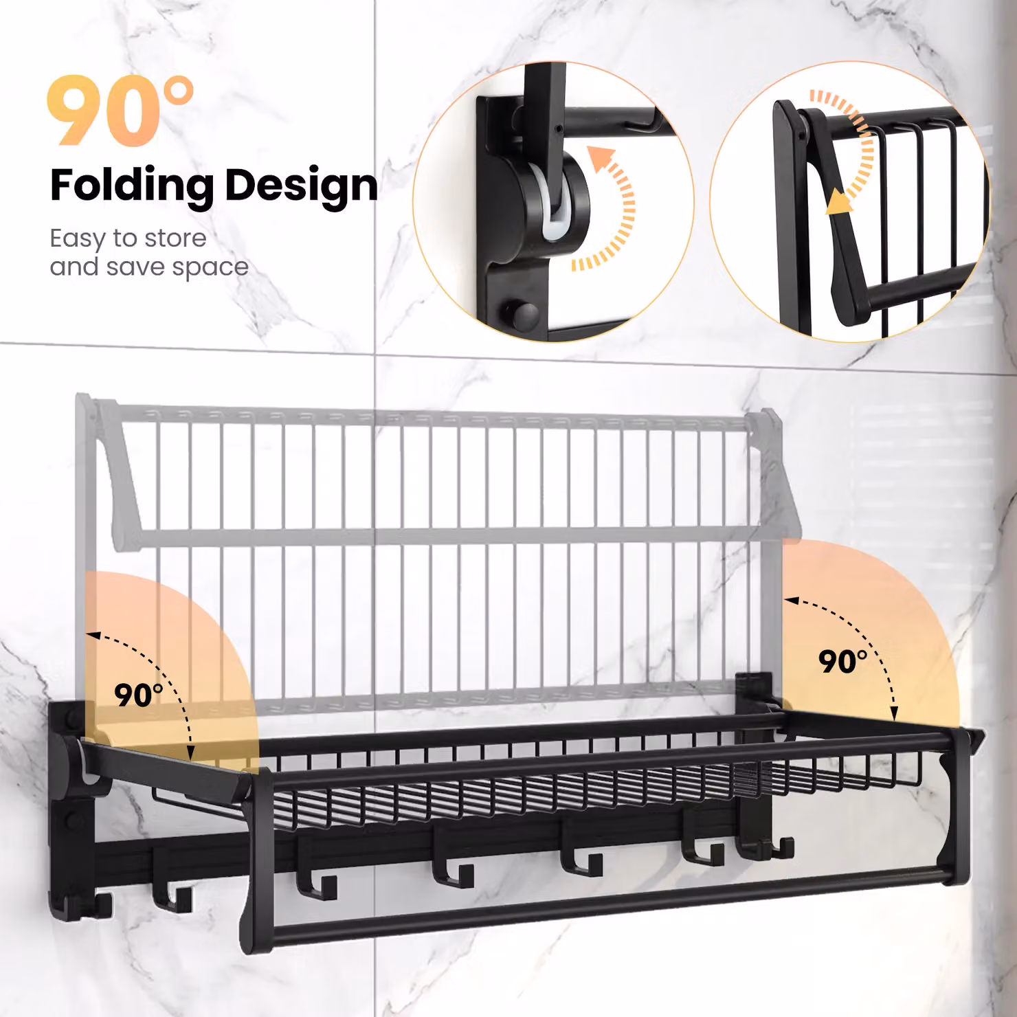 Costway Foldable Wall Mounted Bathroom Towel Rack with Adjustable Bar and Hooks, Black, W: 104 cm, H: 119 cm – 5