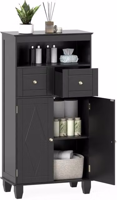 Hinsinc Modern Freestanding Black Pine Bathroom Storage Cabinet with Hinged Doors and Internal Shelves, H 108.0 cm x W 56.0 cm – 1