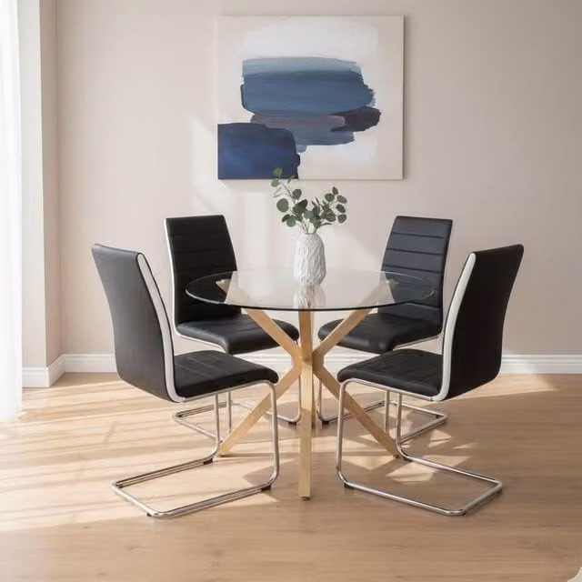 KOSY KOALA Round Glass Dining Table Set with 4 Black Faux Leather Chairs in Brown – 1