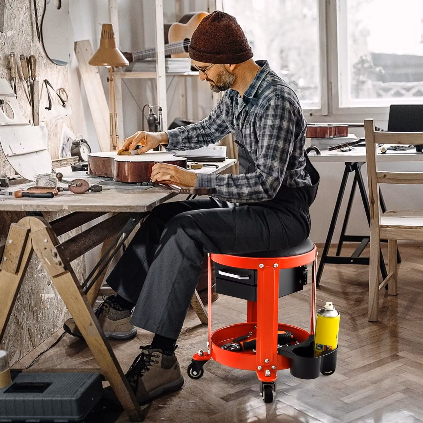 Costway Rolling Workshop Creeper Seat Mechanic Stool with Removable Padded Seat and 2 Drawers, Red/Multicolour, W/D/H: 44 x 40 x 30 cm – 6