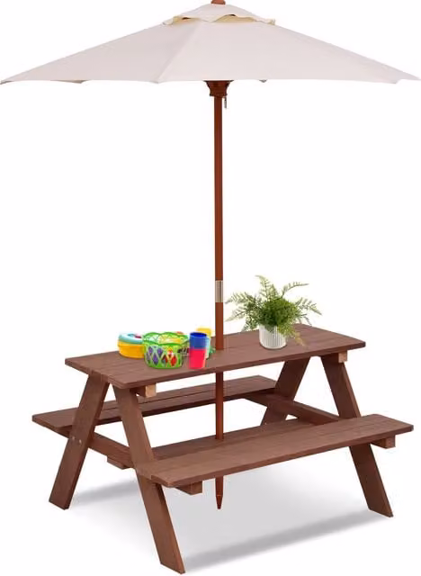 Costway 3 in 1 Childrens Outdoor Activity Table and Benches Set in Brown